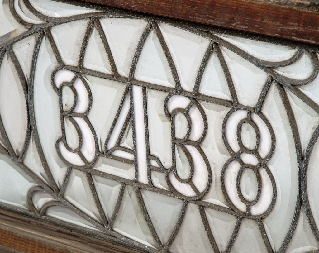 original and intact 19th century salvaged chicago beveled edge leaded glass transom address window with oak wood frame
