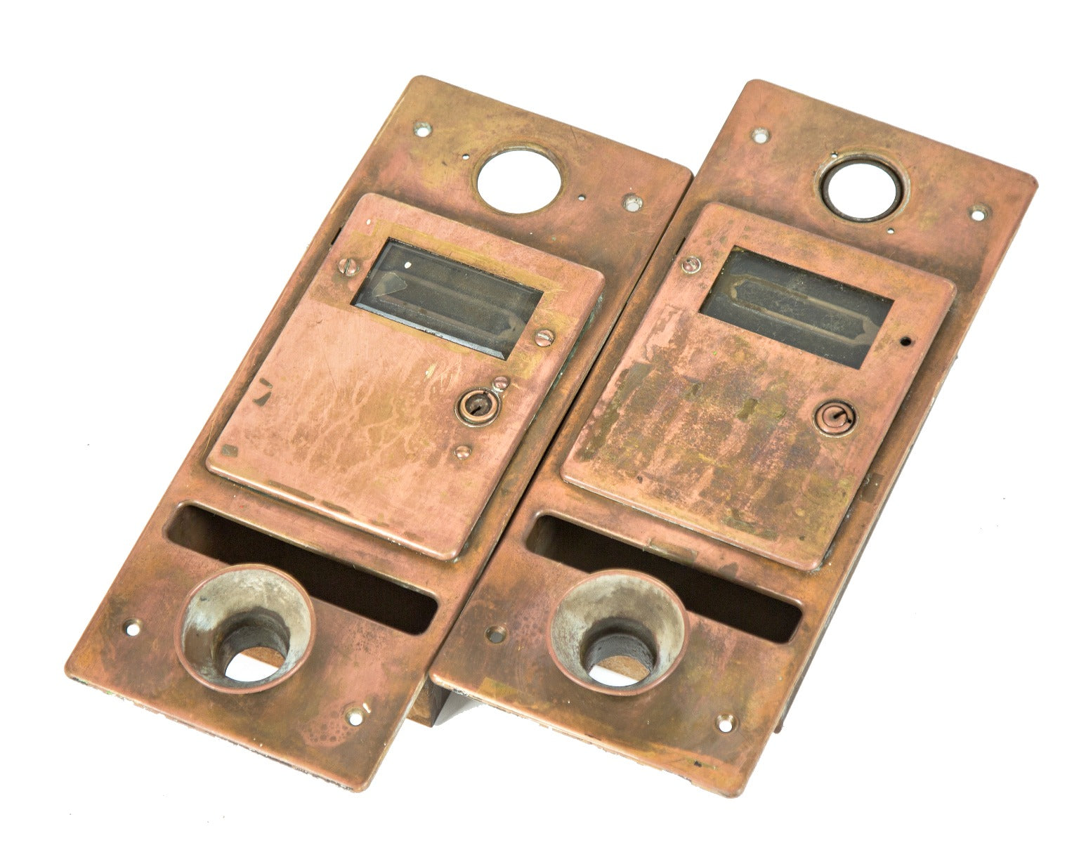matching set of "garden city" early 20th century copper-plated salvaged chicago interior residential speaking tube mailboxes