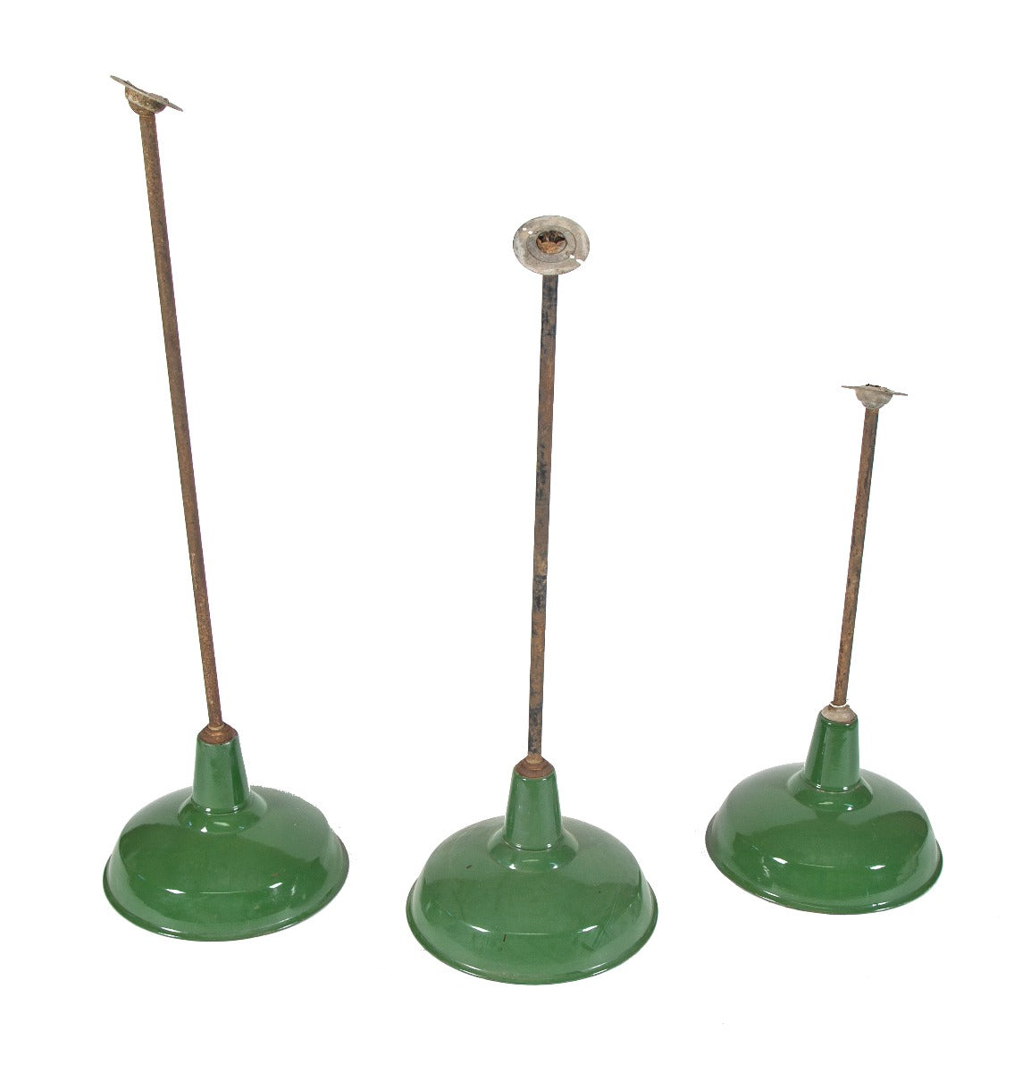 group of three vintage industrial green porcelain enameled factory machine shop pendant lights