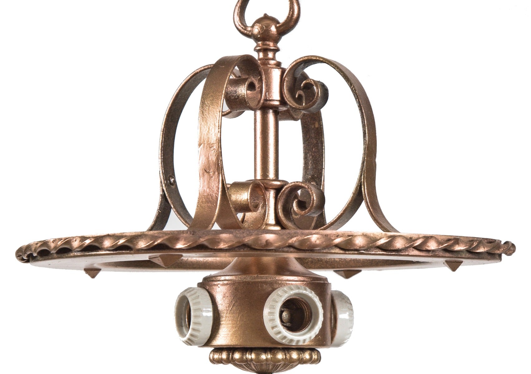 one of several original early 20th century logan square interior hanging wrought iron lights with barebulb cluster sockets