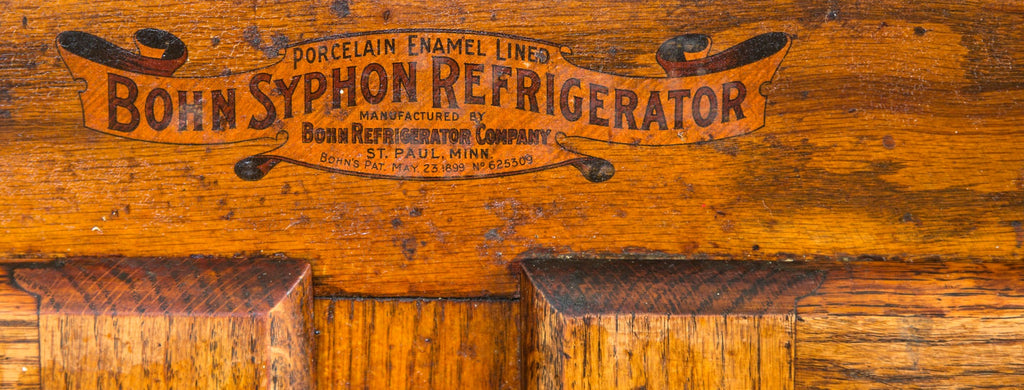 all original and intact early 20th century salvaged chicago golden oak wood bohn syphon refrigerator or icebox with interior shelves