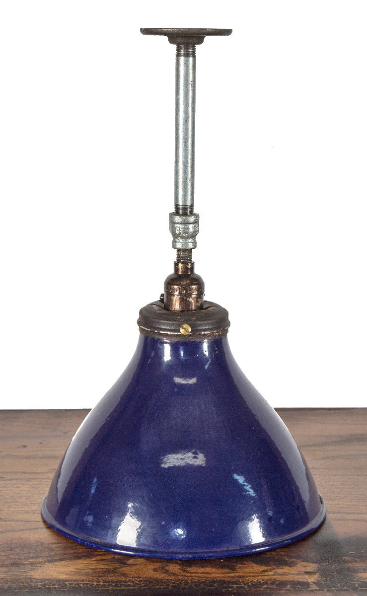 hard to find antique american depression-era rolled rim deep bowl single light reflector with cobalt blue porcelain enameled finish