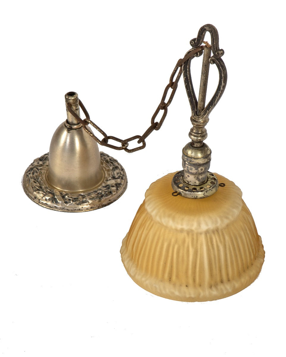original and intact american depression era salvaged chicago hanging interior pendant light with silver-plated fitter and ruffled shade