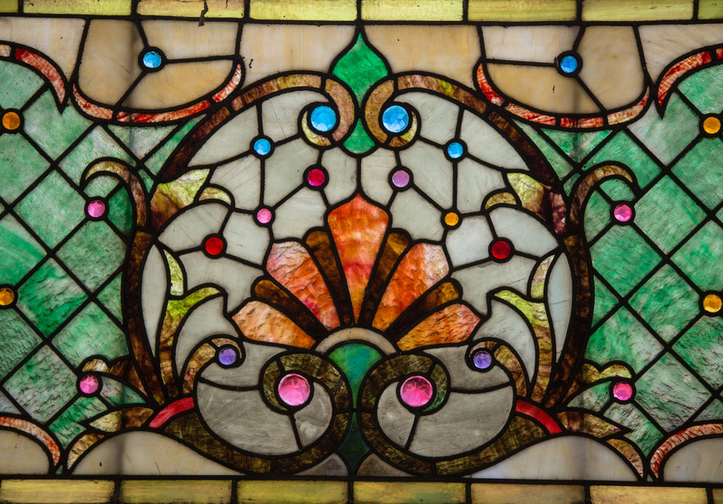 exceptional all original and intact late 19th or early 20th century new york city stained glass window bedecked with several faceted jewels