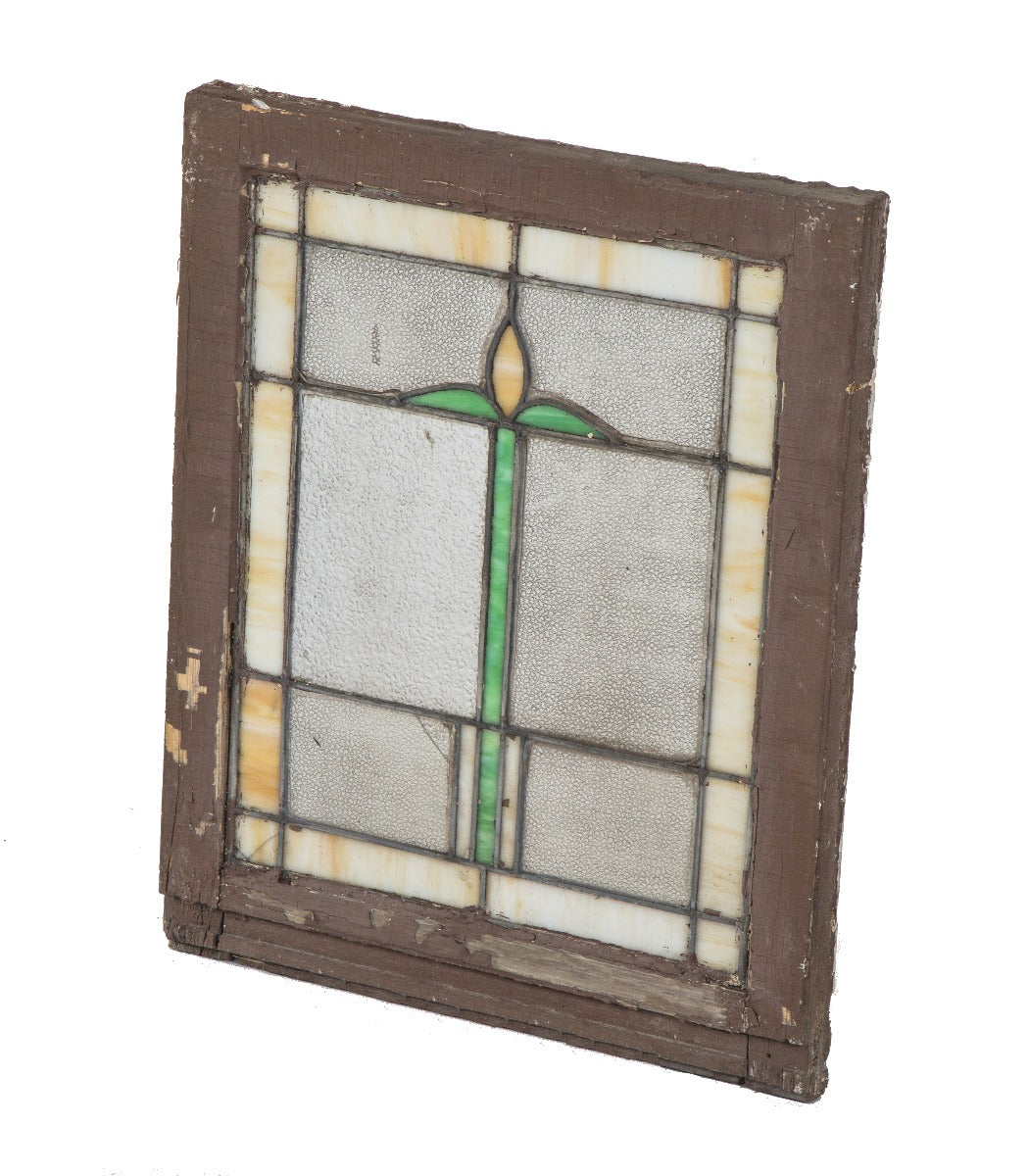 one of two matching original salvaged chicago interior residential art glass windows with centrally located floral motif