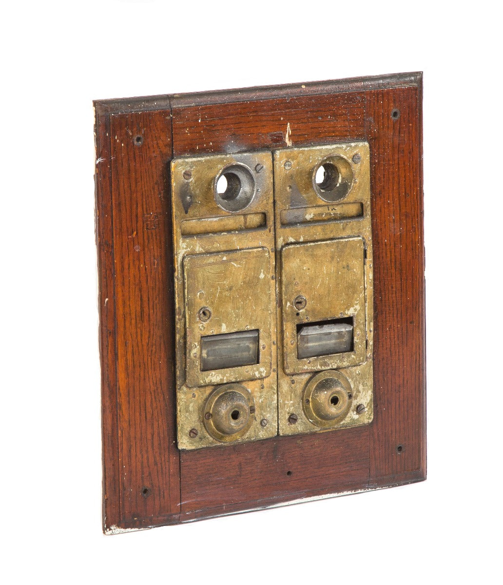 original early 20th century salvaged chicago interior vestibule two-flat combination mailbox and doorbell unit