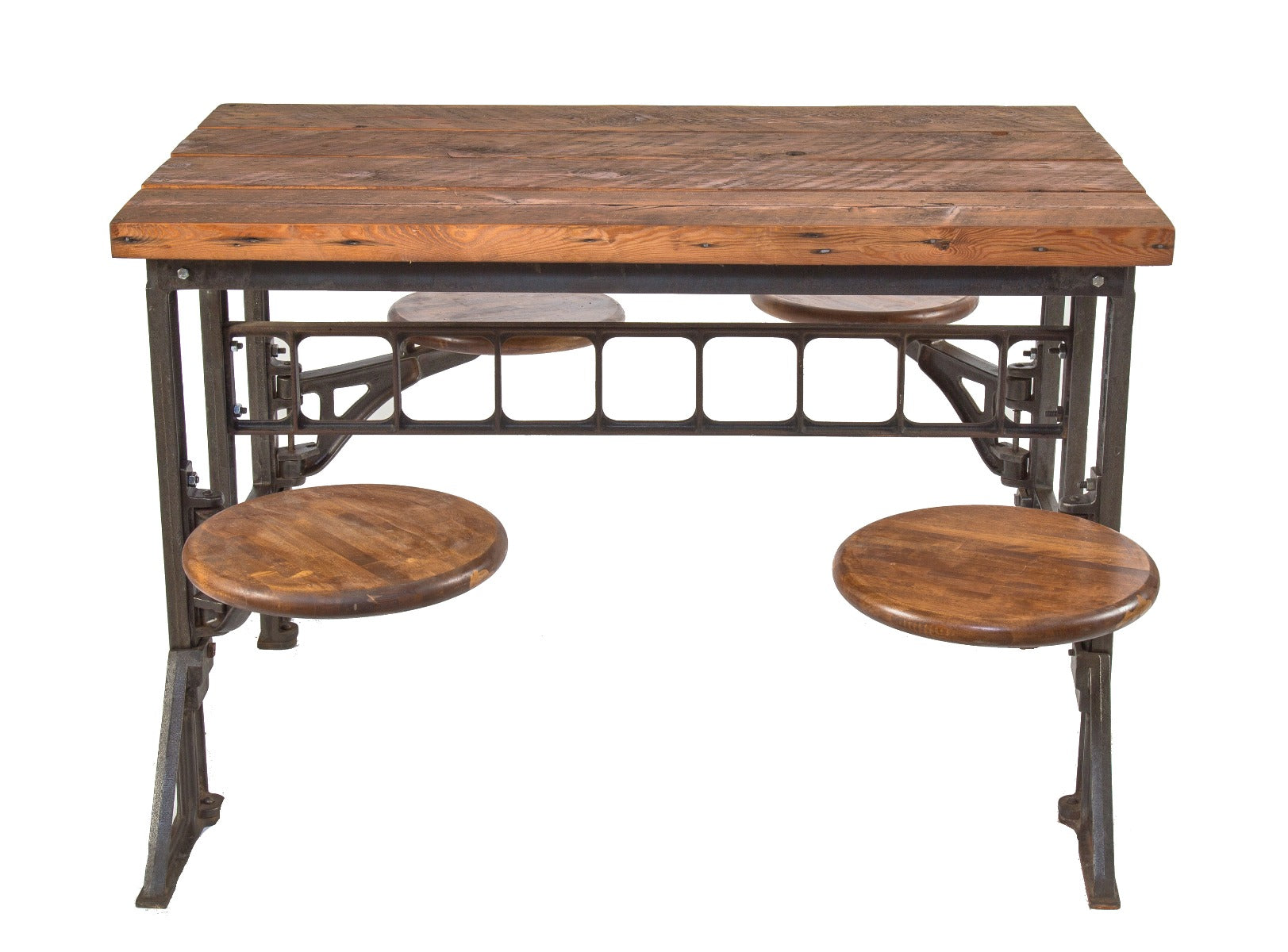 highly sought after refinished early 20th century salvaged chicago factory lunchroom swing-out seat table with brushed metal finish