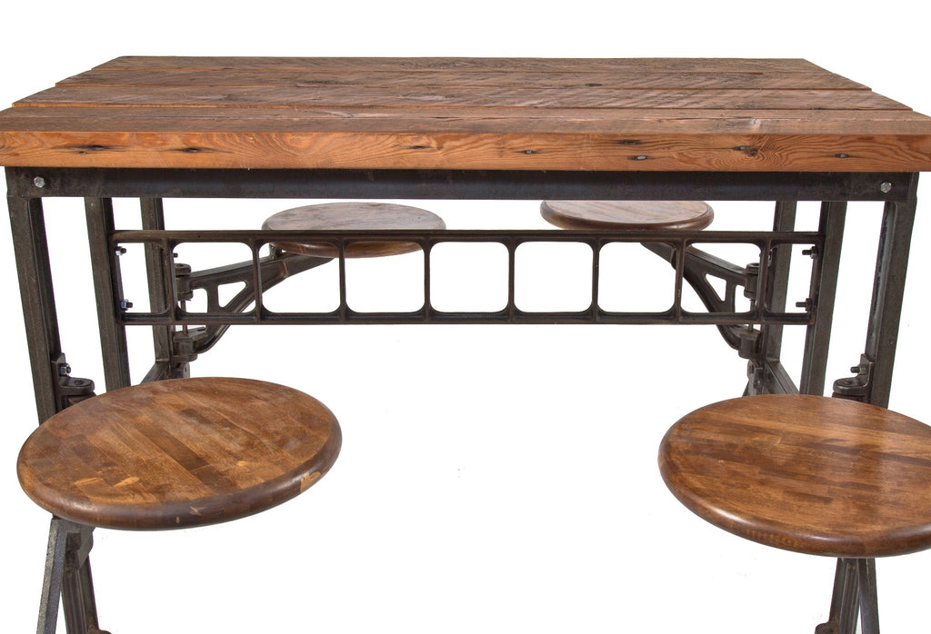 highly sought after refinished early 20th century salvaged chicago factory lunchroom swing-out seat table with brushed metal finish