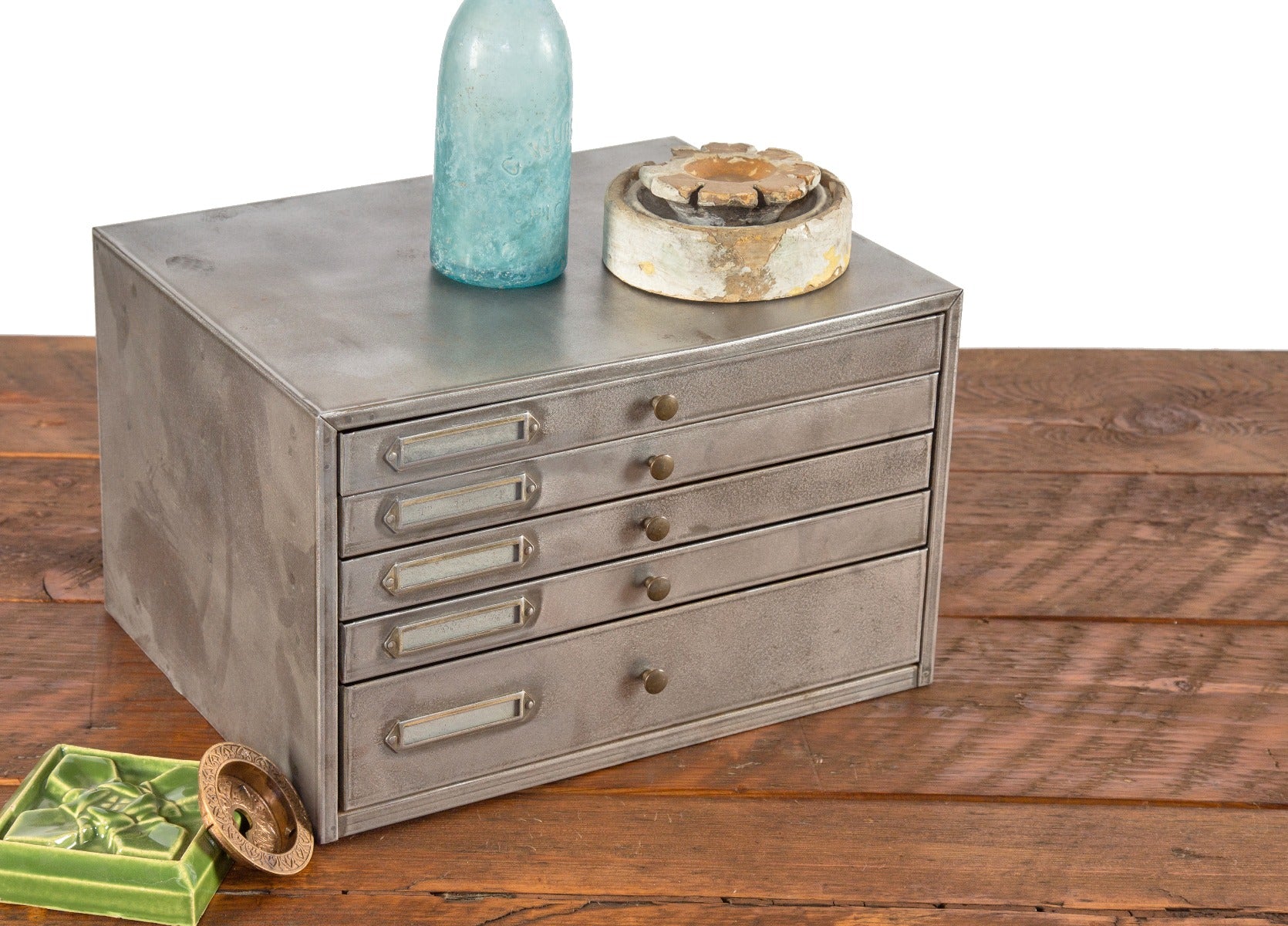 refinished vintage american industrial salvaged chicago brushed metal multi-drawer cabinet with placard holders and drawer pulls