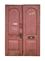 matching set of original 1870's post-fire chicago cottage painted pine wood entrance doors with archtop panels