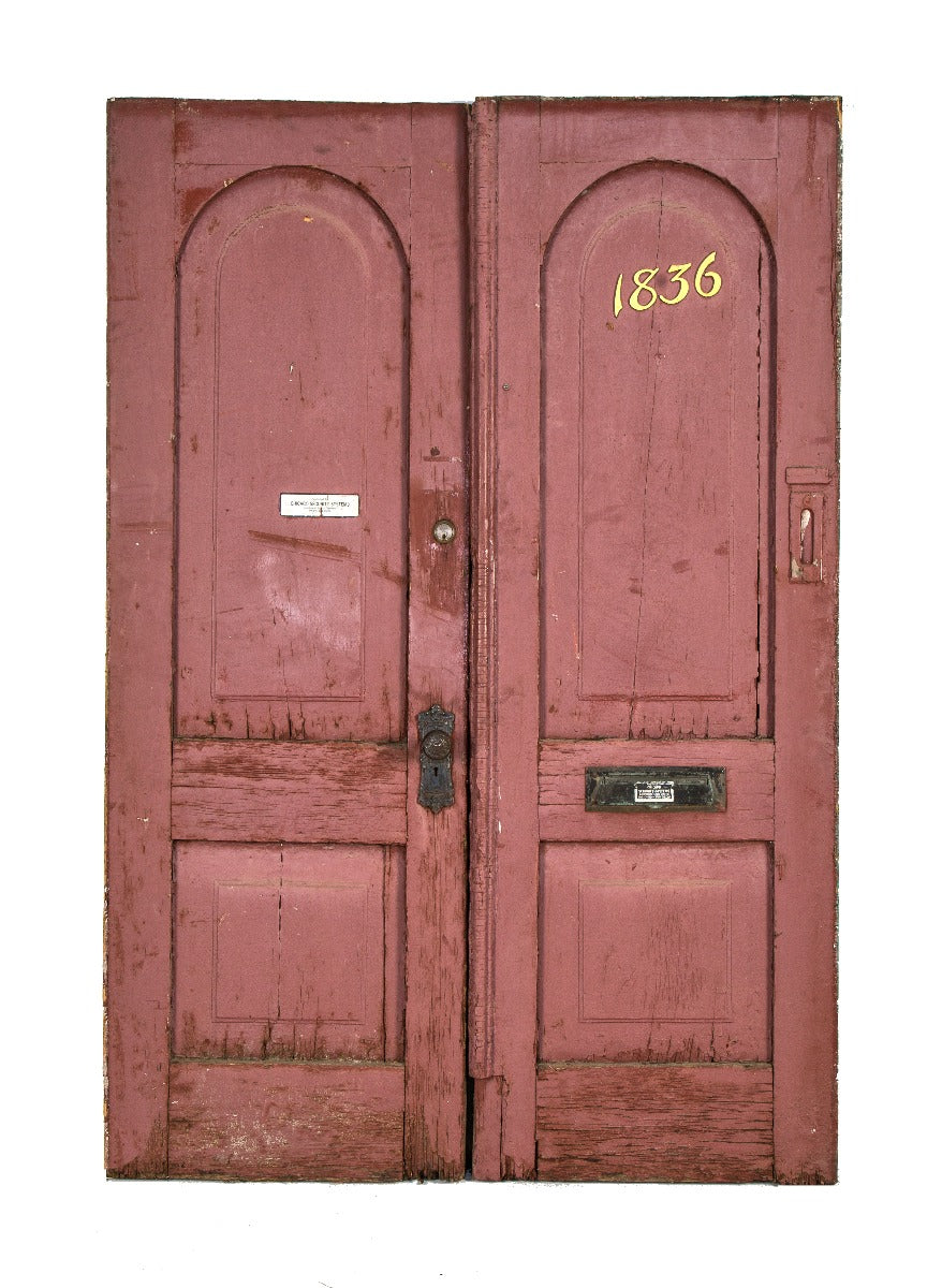 matching set of original 1870's post-fire chicago cottage painted pine wood entrance doors with archtop panels