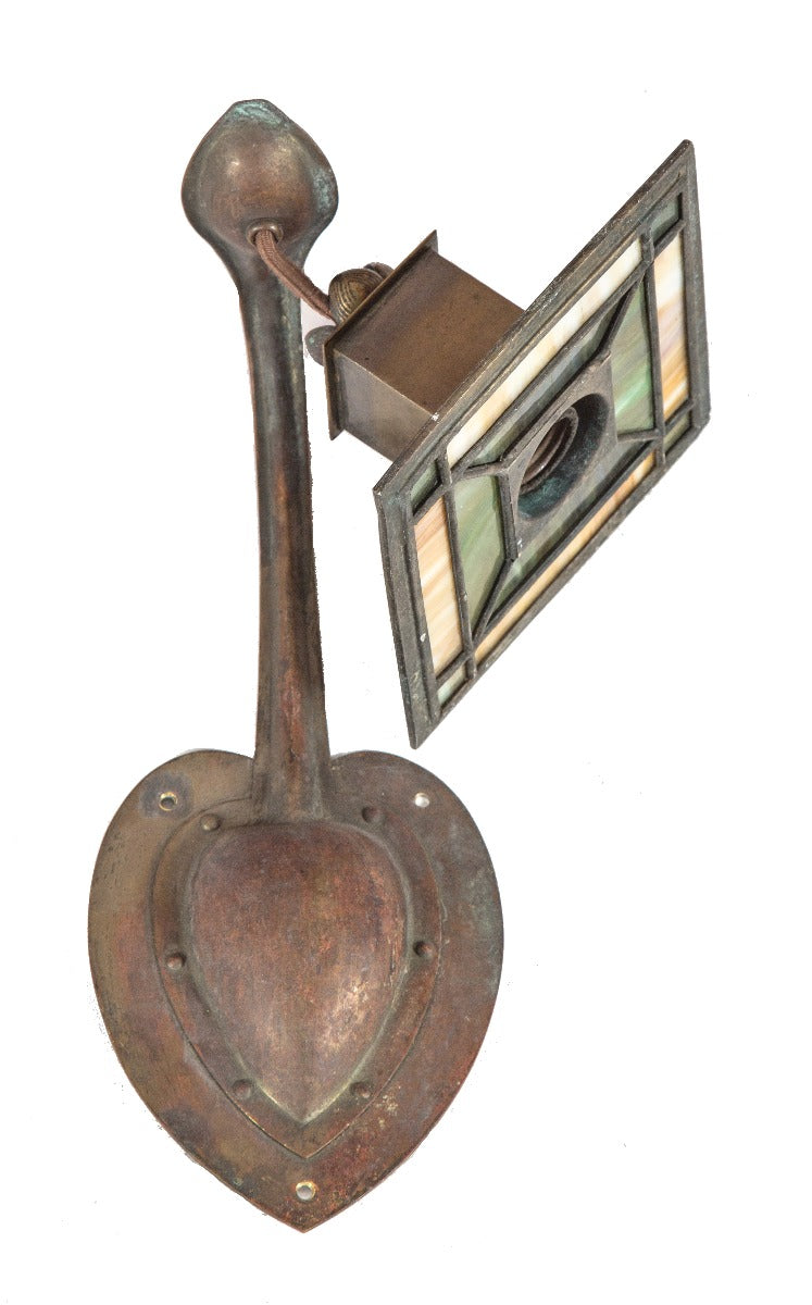 original and completely intact early 20th century arts and crafts style interior residential wall sconce with leaded art glass shade