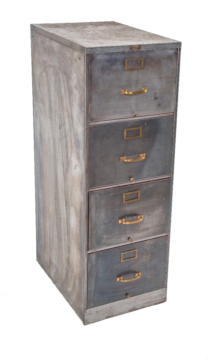 early 20th century cold-rolled steel multi-drawer brushed metal salvaged chicago filing cabinet with original cast brass handles