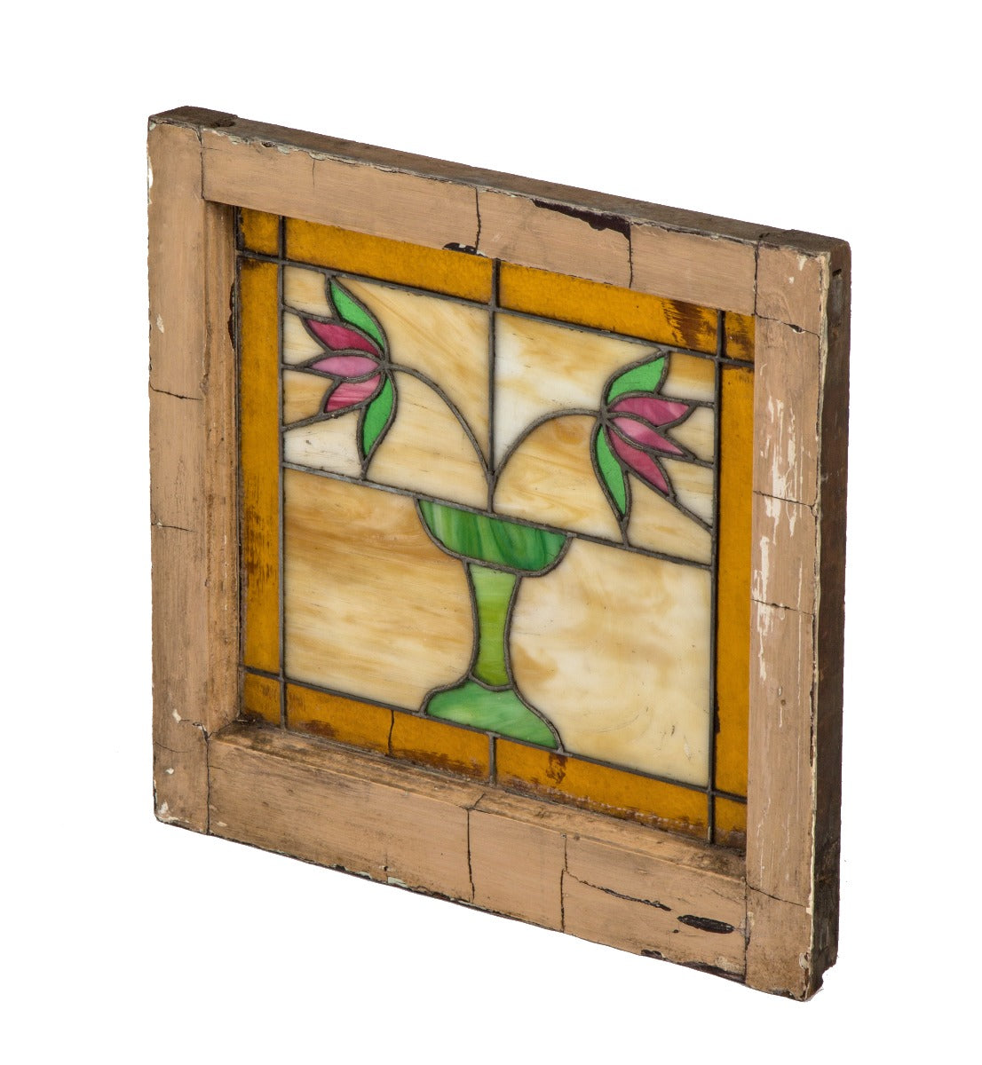 early 20th century american arts and crafts or craftsman style interior bunglaow residential window with centrally located floral motif
