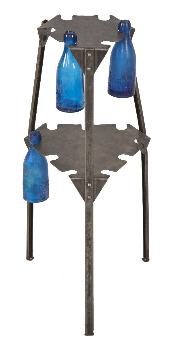 rare c. 1930's american industrial brushed metal two-tier salvaged chicago corner market soda pop bottle display stand