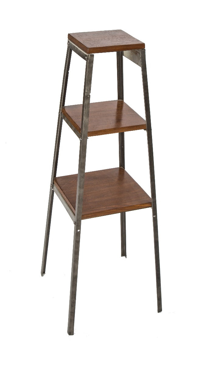 repurposed angled steel freestanding salvaged chicago three-tier service station display stand with walnut wood shelves