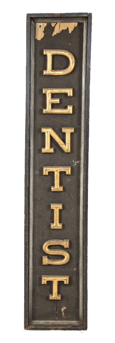 highly sought after original 19th century antique american folkart "dentist" trade sign with gilded wood lettering