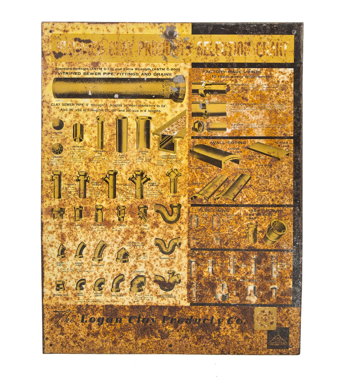 nicely weathered vintage industrial single-sided profusely illustrated clay sewer pipe product sign