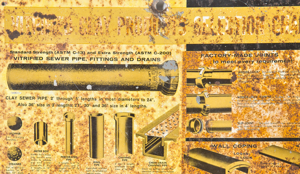 nicely weathered vintage industrial single-sided profusely illustrated clay sewer pipe product sign