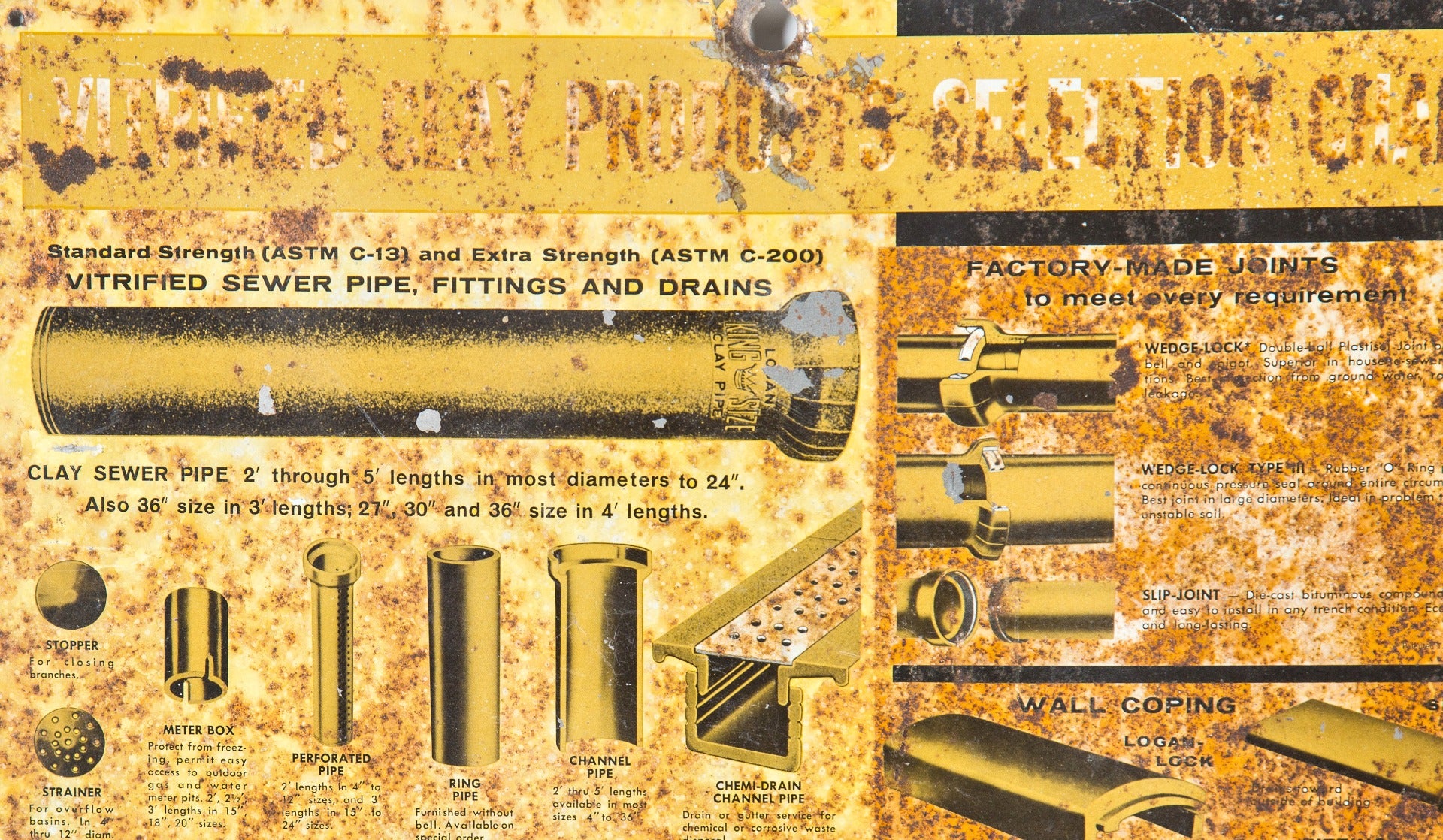 nicely weathered vintage industrial single-sided profusely illustrated clay sewer pipe product sign