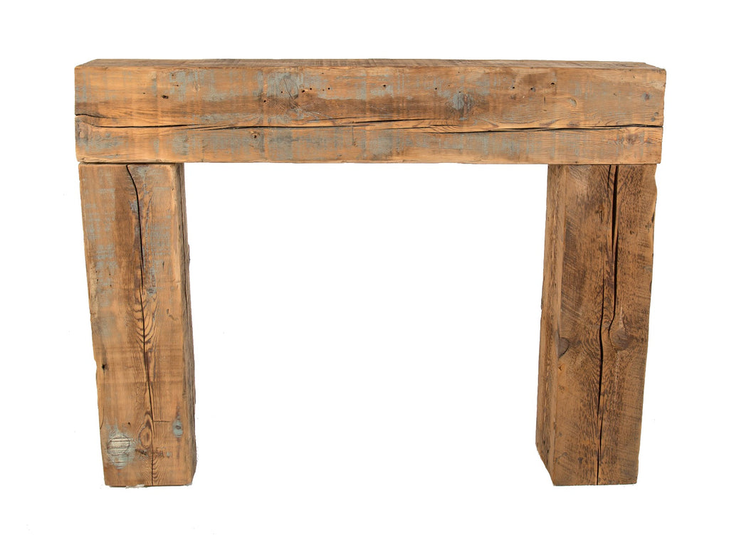 repurposed oversized old growth pine wood beam freestanding fireplace mantel comprised of 19th century sill plates