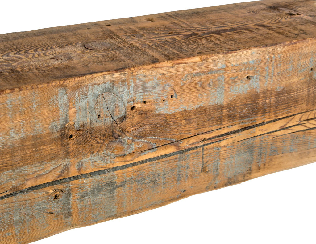 repurposed oversized old growth pine wood beam freestanding fireplace mantel comprised of 19th century sill plates