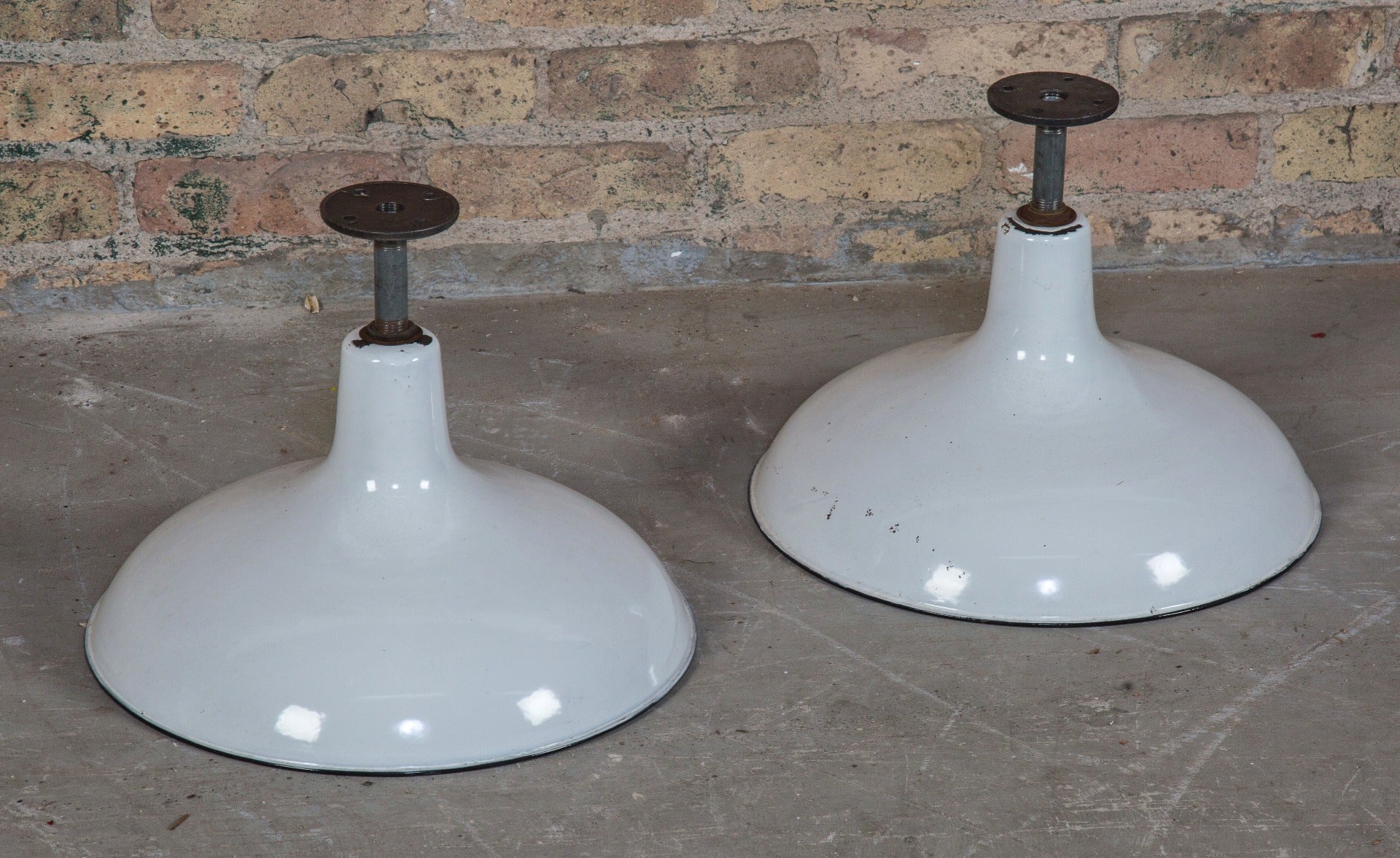 two matching unusually-shaped antique american industrial white porcelain enameled heavy gauge steel factory pendant lights