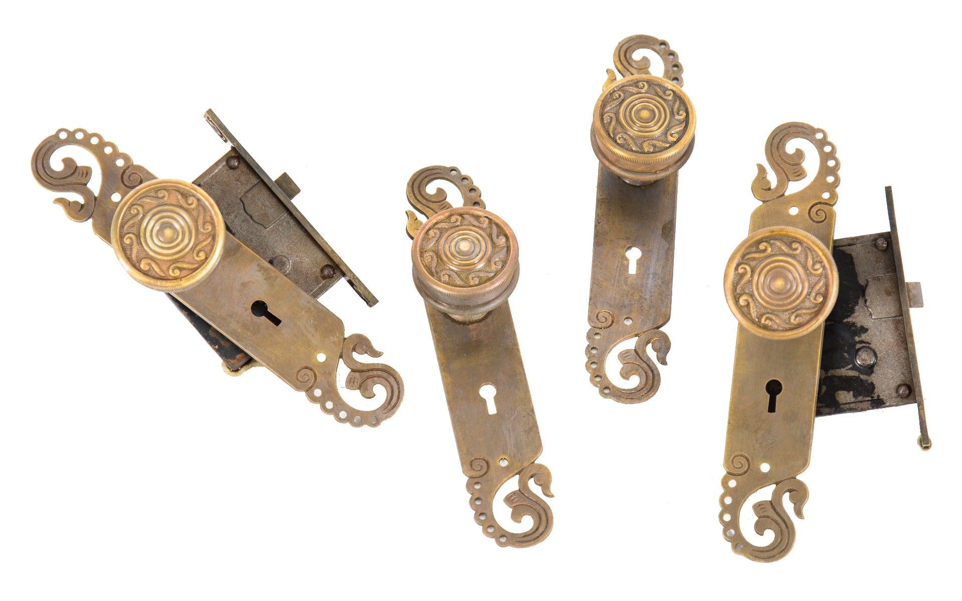 one of two unusual late 19th or early 20th century ornamental cast brass salvaged chicago doorknob locksets