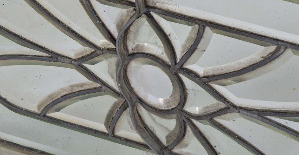 single late 19th century antique american salvaged chicago all-beveled glass residential transom window from demolished two-flat