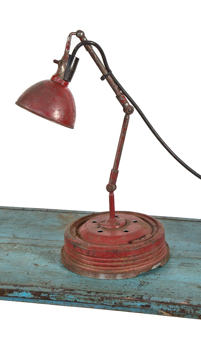 unusual vintage american industrial triple-jointed salvaged chicago factory task lamp with old red paint finish