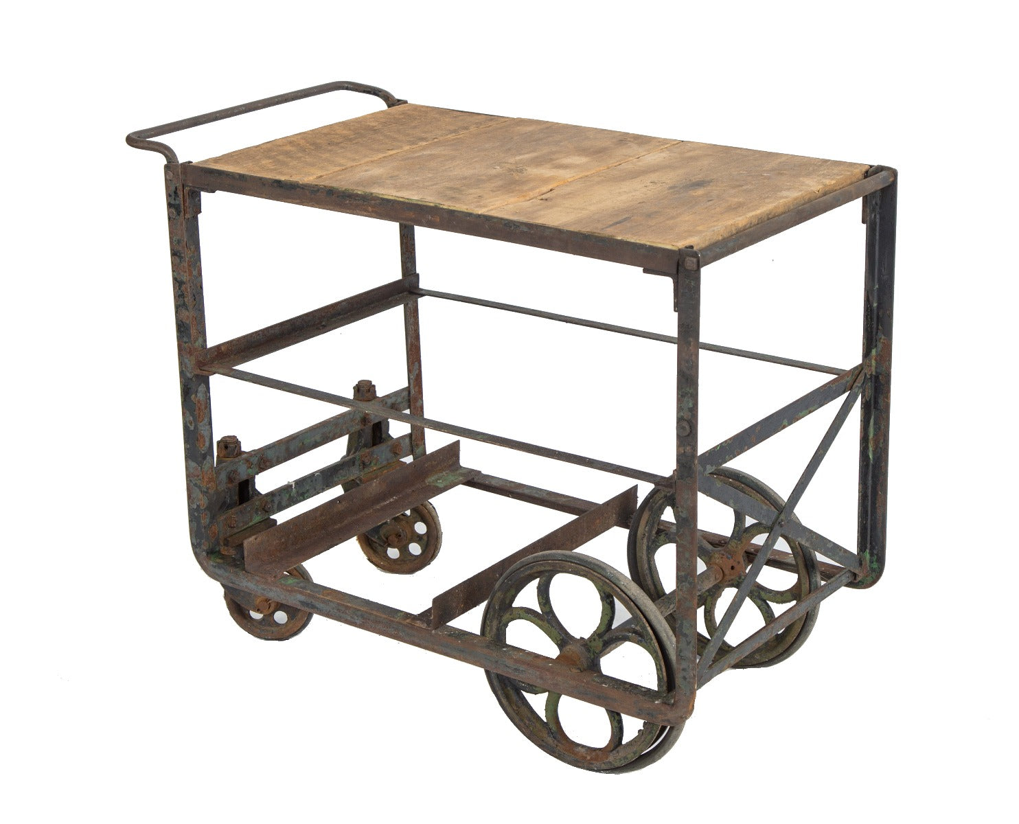 unusual customized vintage american industrial salvaged chicago furniture factory angled iron cart with stationary and swivel casters