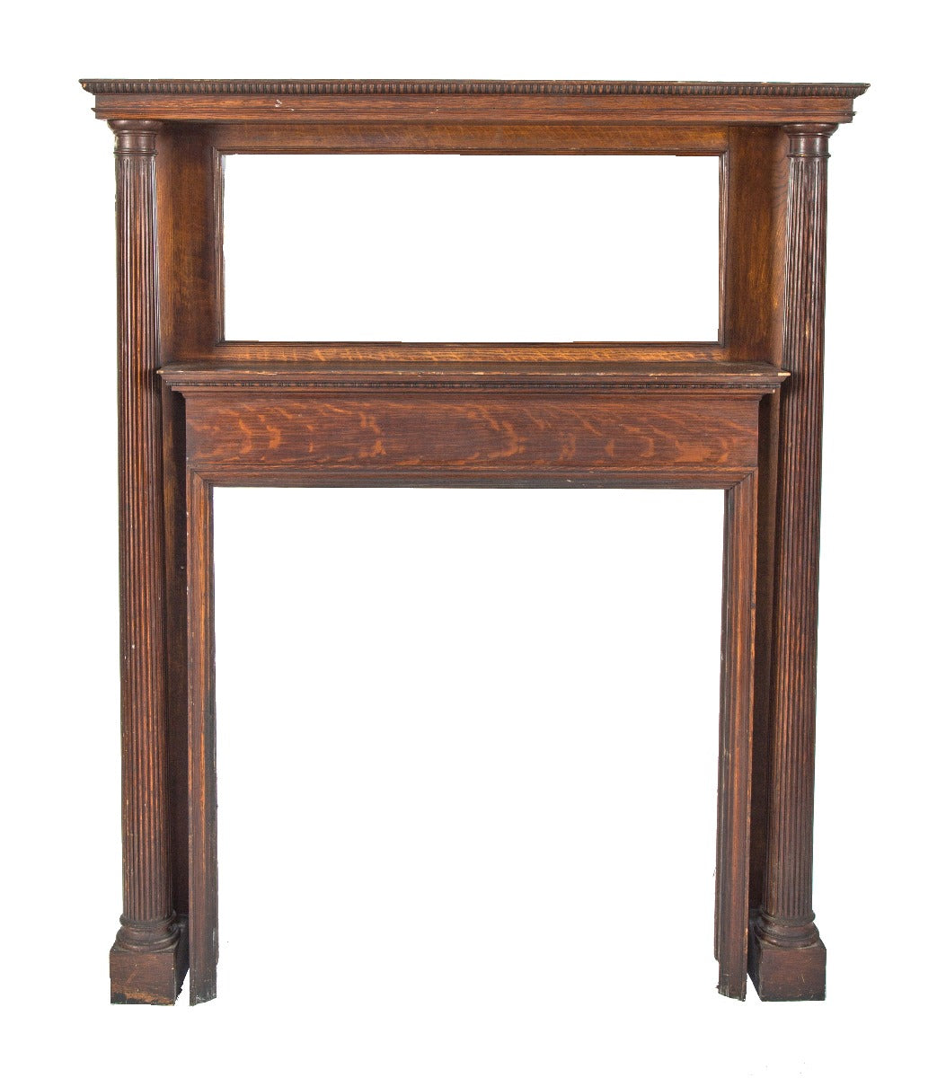 all original late 19th or early 20th century quartered oak wood interior residential victorian era fireplace mantel