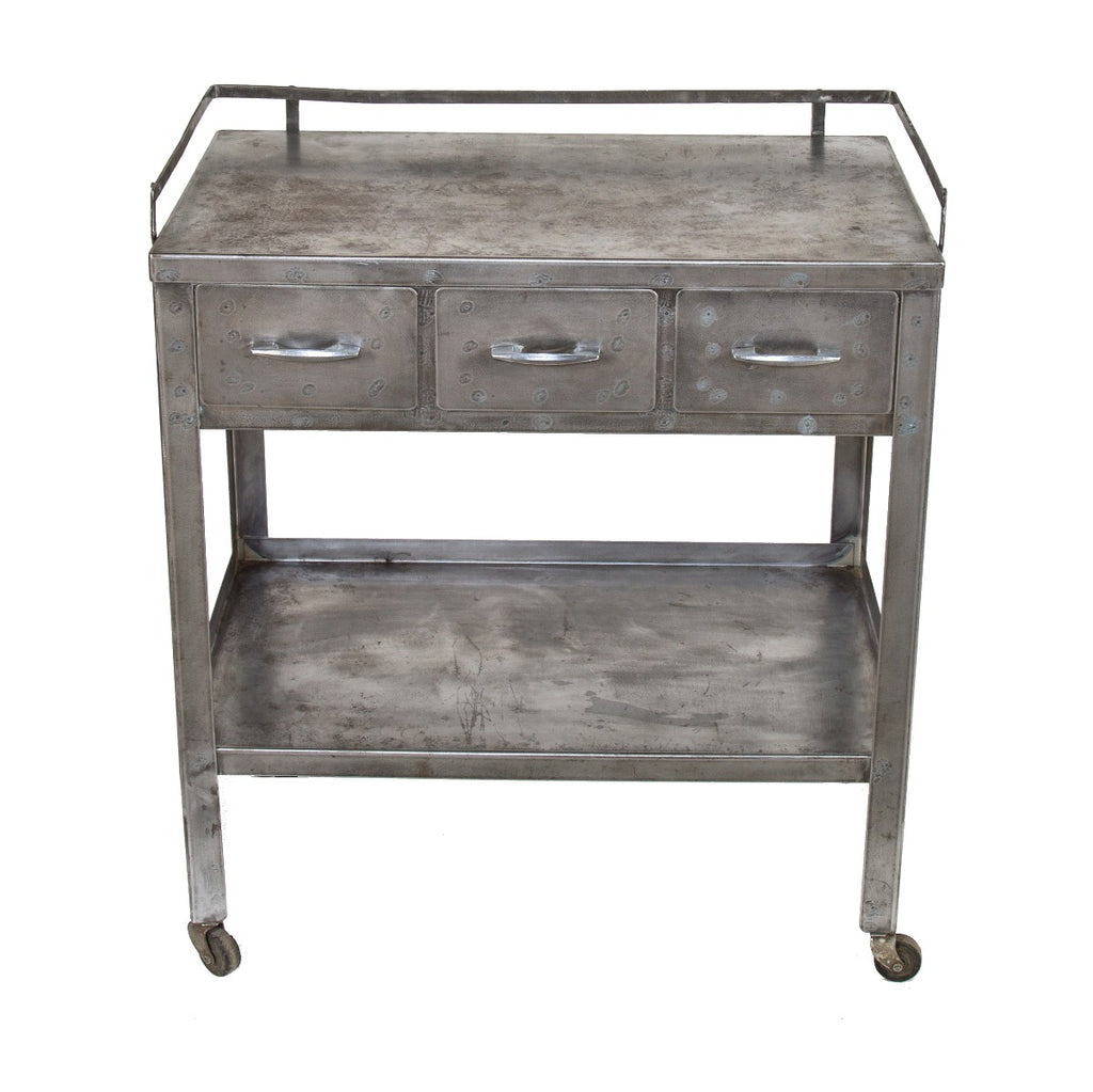original early 20th century antique american medical mobile brushed metal hospital examination room workstation or side table with three drawers