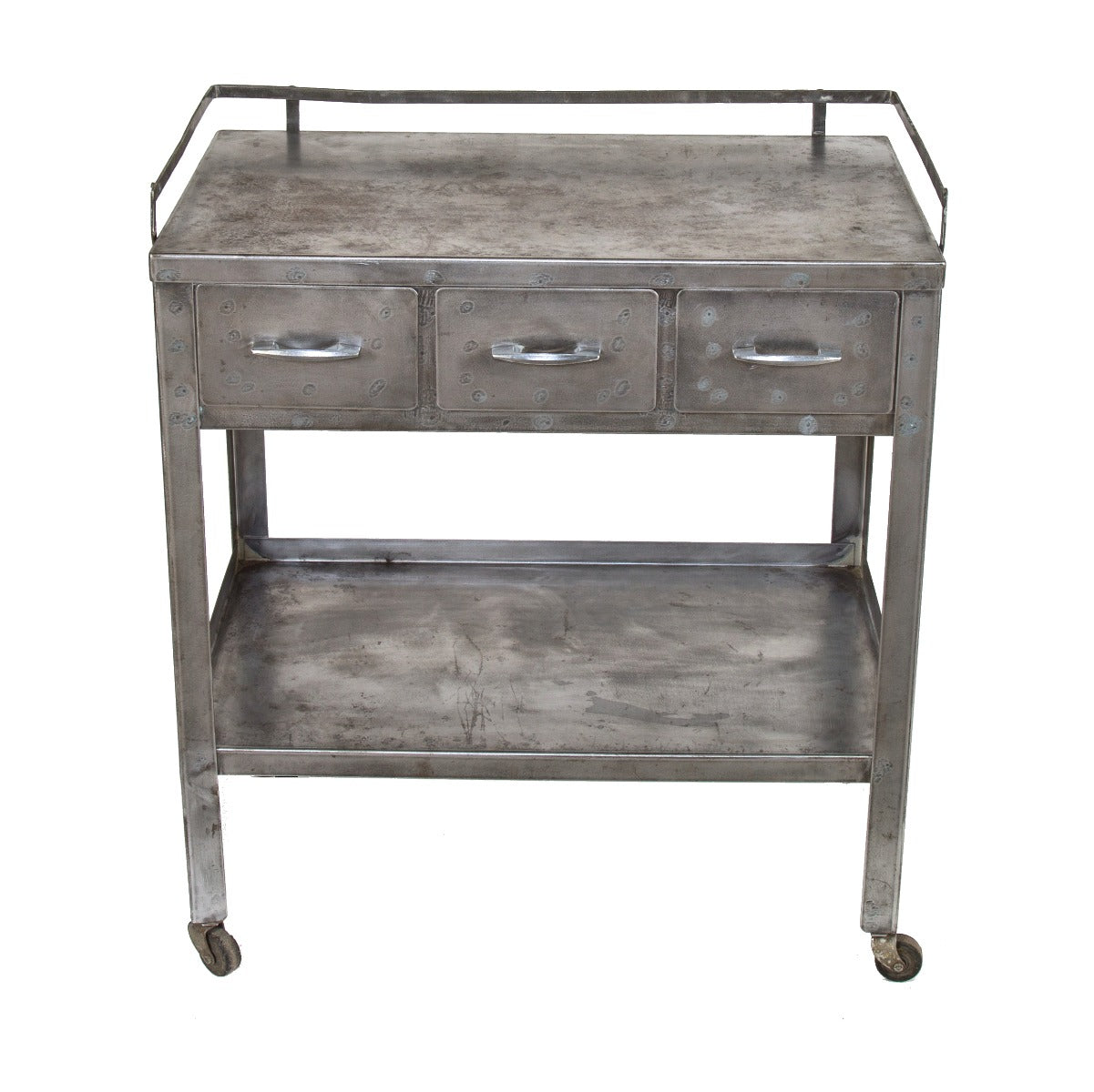 original early 20th century antique american medical mobile brushed metal hospital examination room workstation or side table with three drawers