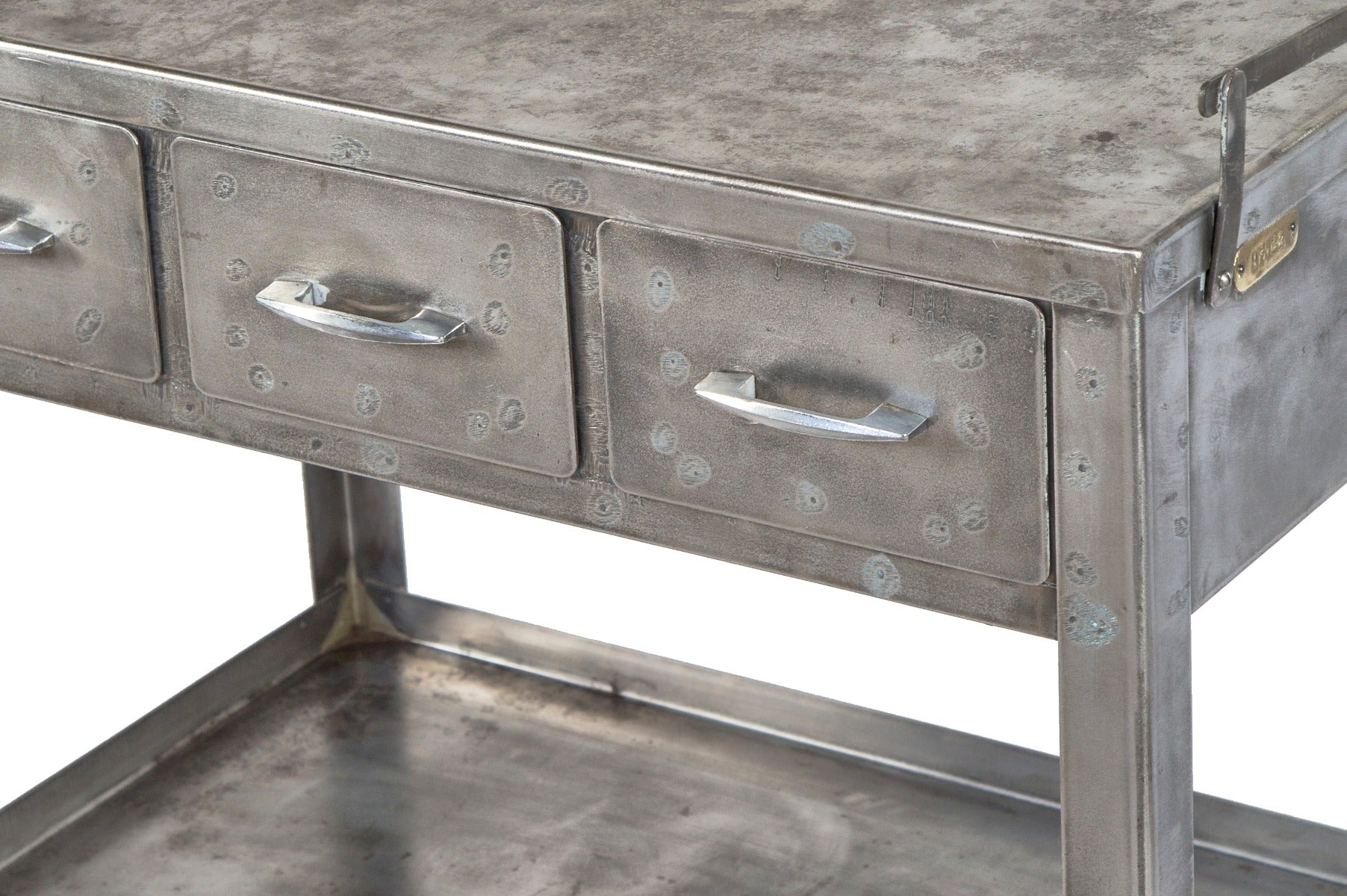 original early 20th century antique american medical mobile brushed metal hospital examination room workstation or side table with three drawers