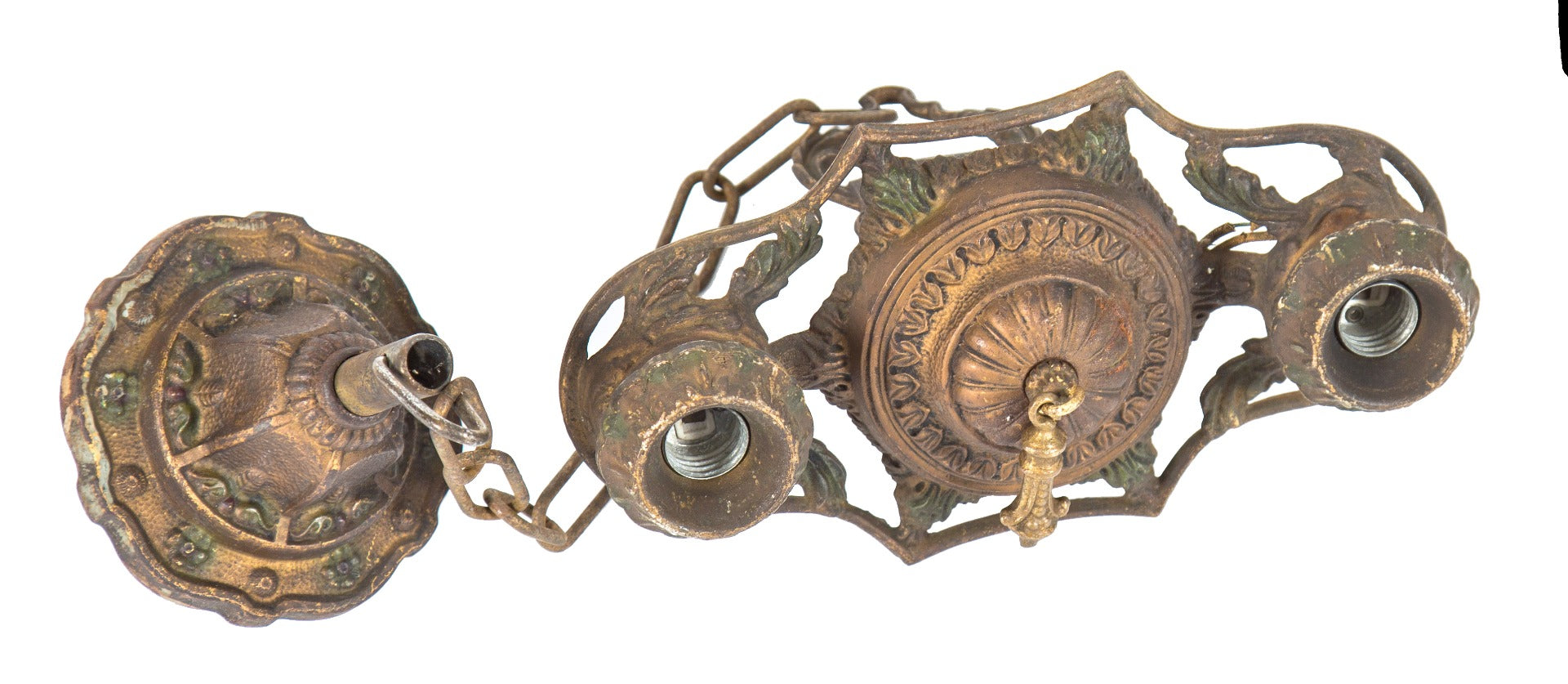 original c. 1920's american interior residential two-light ornamental cast iron pendant light fixture with polychrome finish