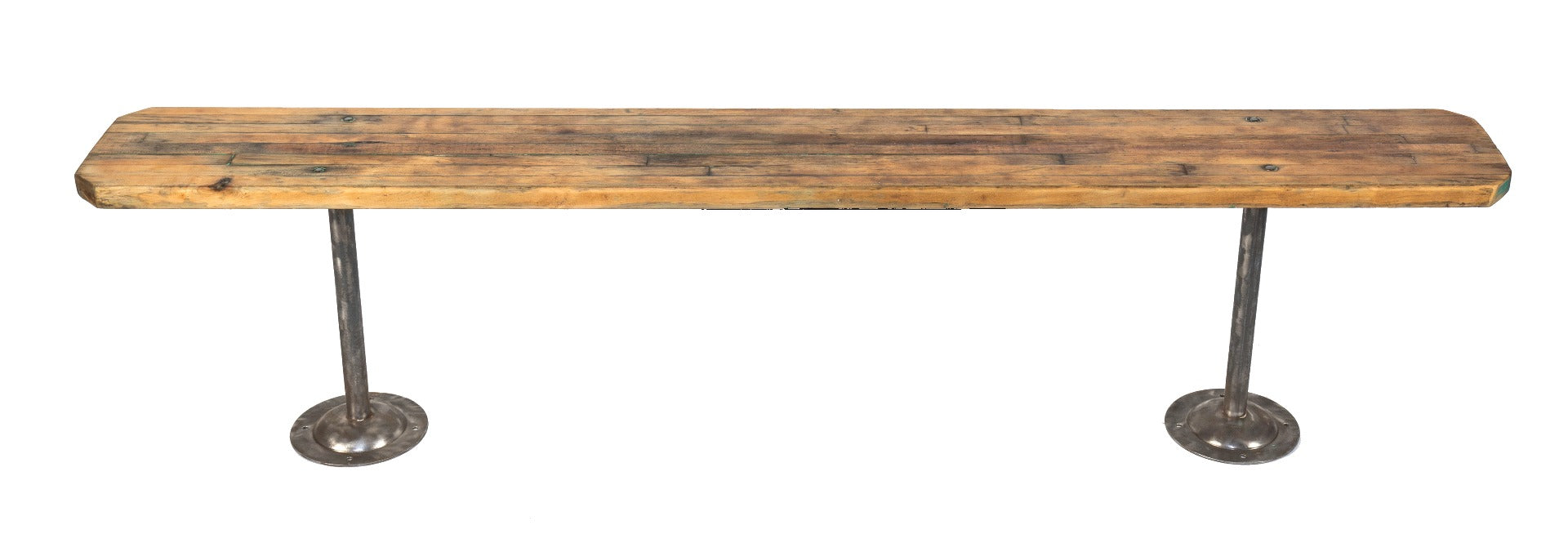 one of two original vintage american industrial low-lying a. finkl foundry locker room benches with maple wood top