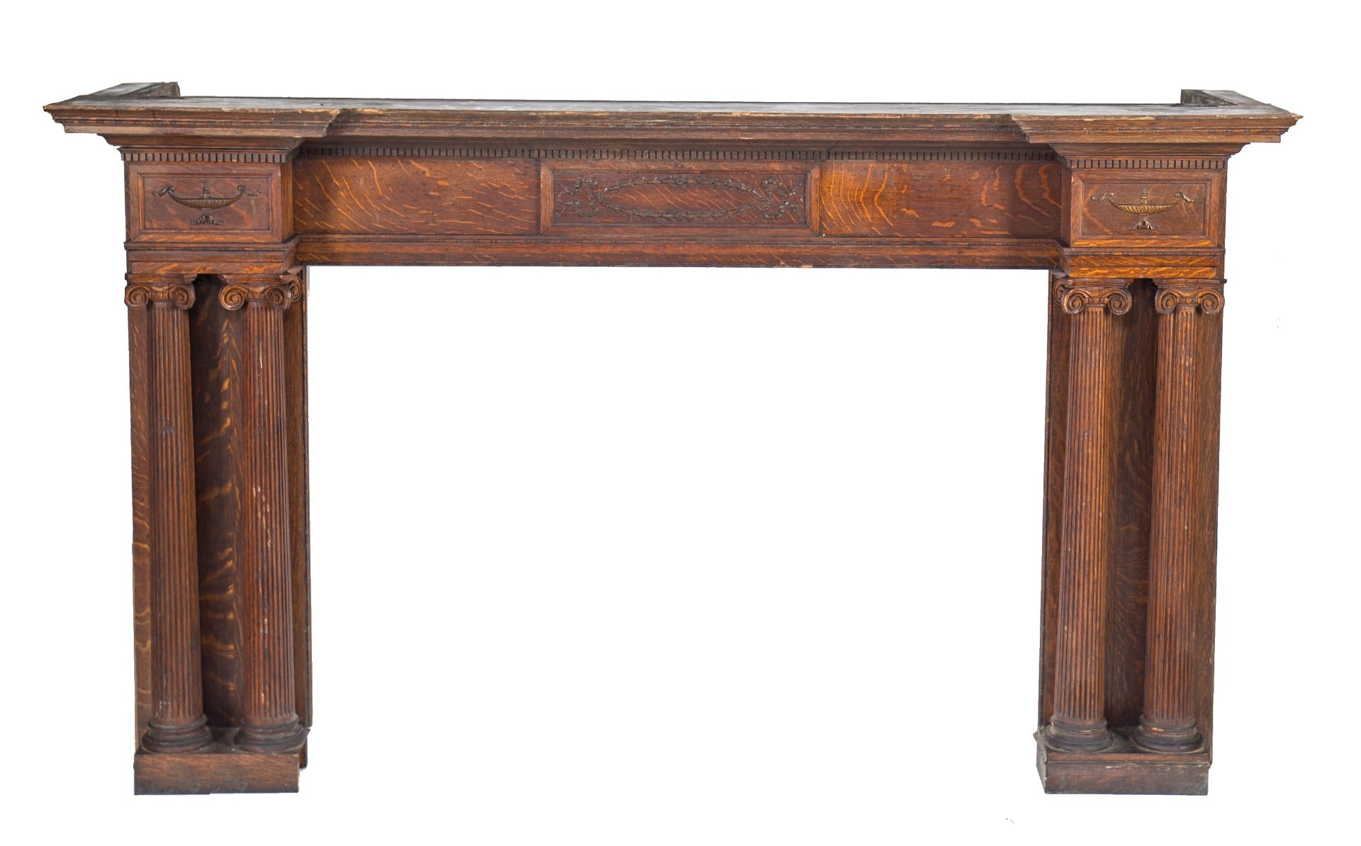 oversized original 19th century antique american quartered oak wood interior residential fireplace mantel with fluted columns