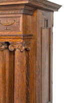 oversized original 19th century antique american quartered oak wood interior residential fireplace mantel with fluted columns