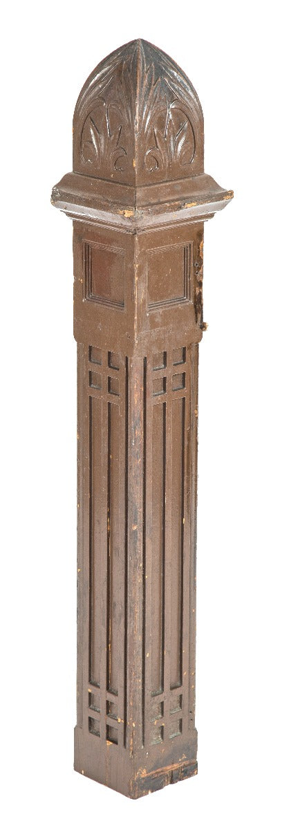 late 19th century hand-carved solid oak wood freestanding american victorian era newel post with pyramidal-shaped top