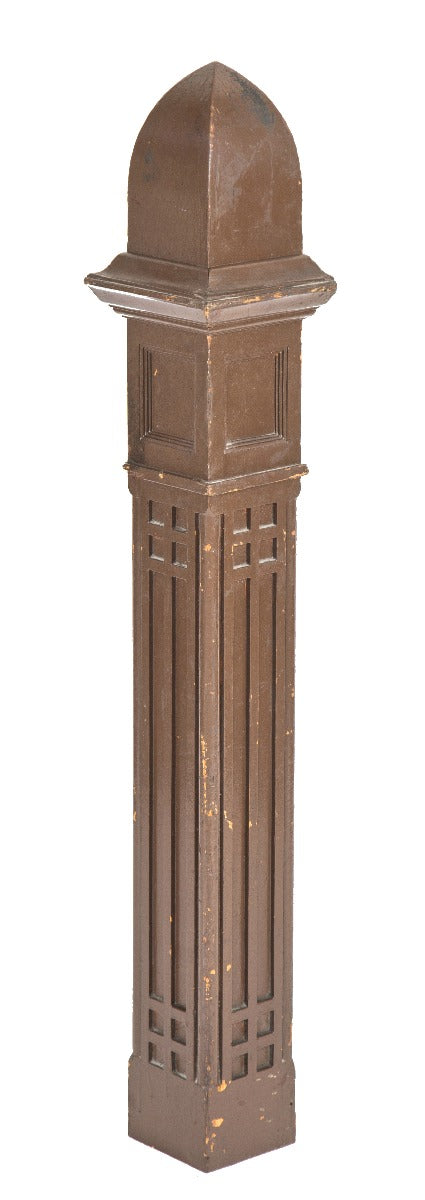 19th century original victorian era uniquely-shaped salvaged chicago commercial building oak wood newel post with pyramidal top
