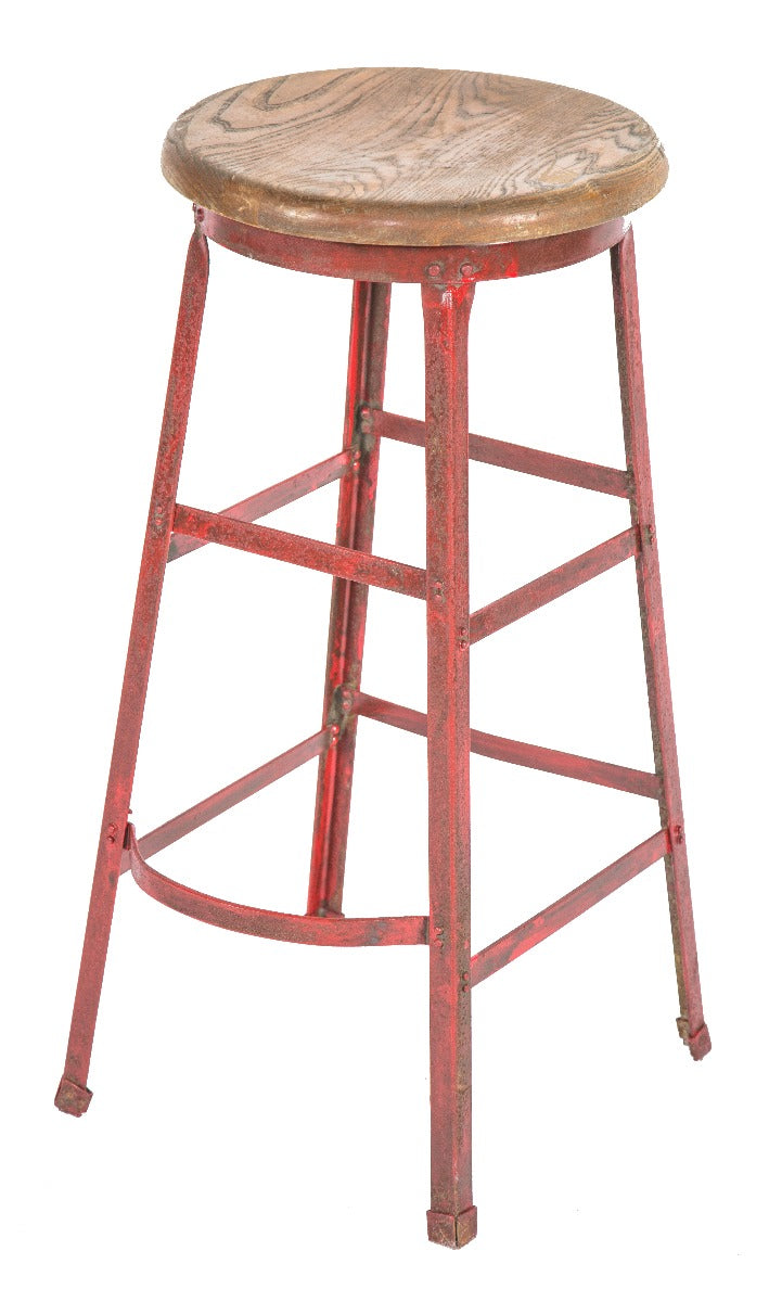 original salvaged chicago depression-era four-legged angled steel stool with riveted joints and solid oak wood seat