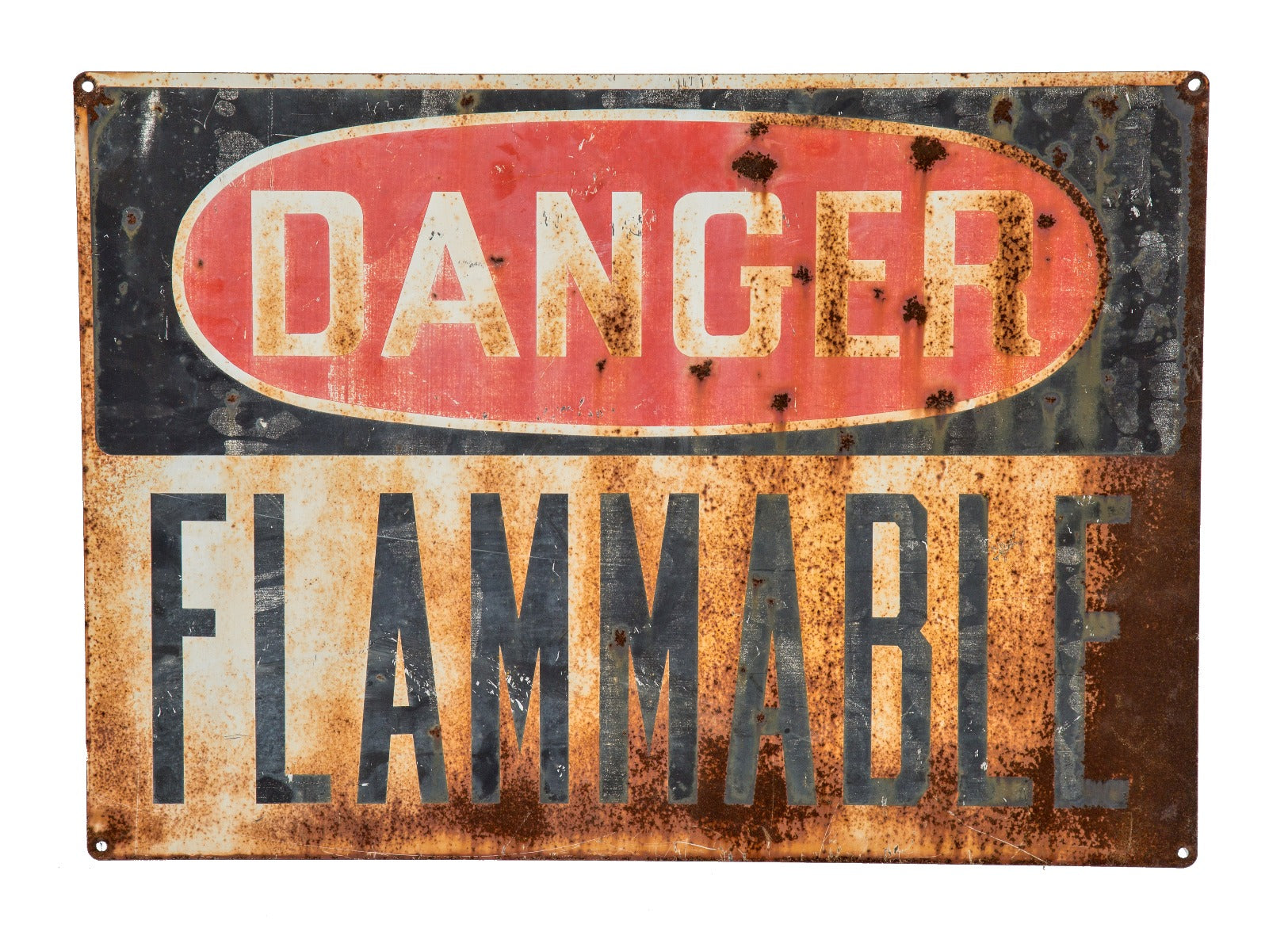 original weathered and worn oversized die cut steel "flammable" factory machine shop sign with nicely aged surface patina
