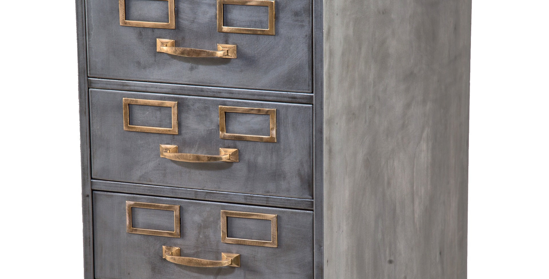 heavily reinforced vintage american industrial salvaged chicago multi-drawer filing cabinet with cast brass handles
