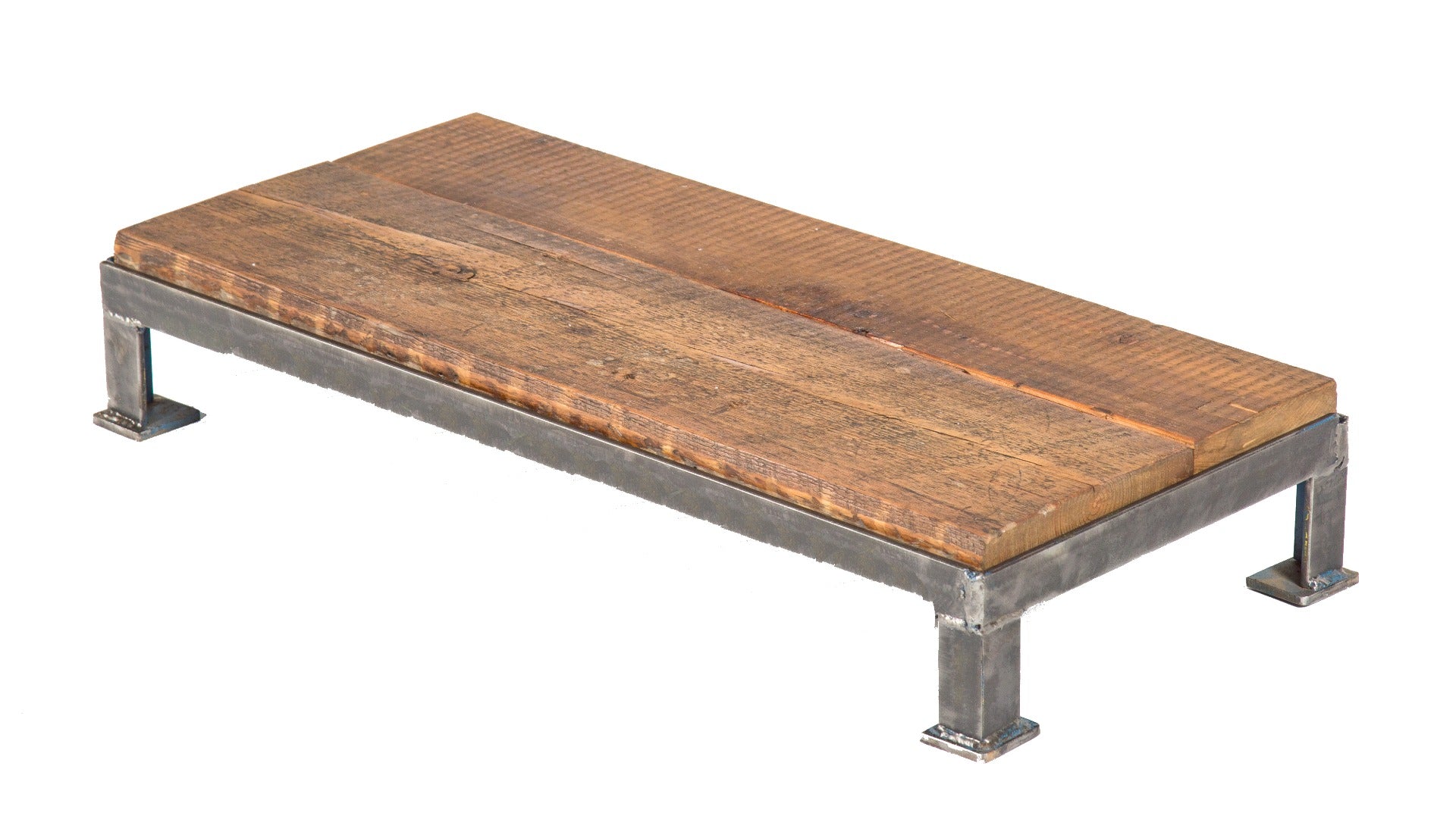 repurposed low-lying four-legged vintage american industrial brushed metal riser or display stand with old growth pine wood top