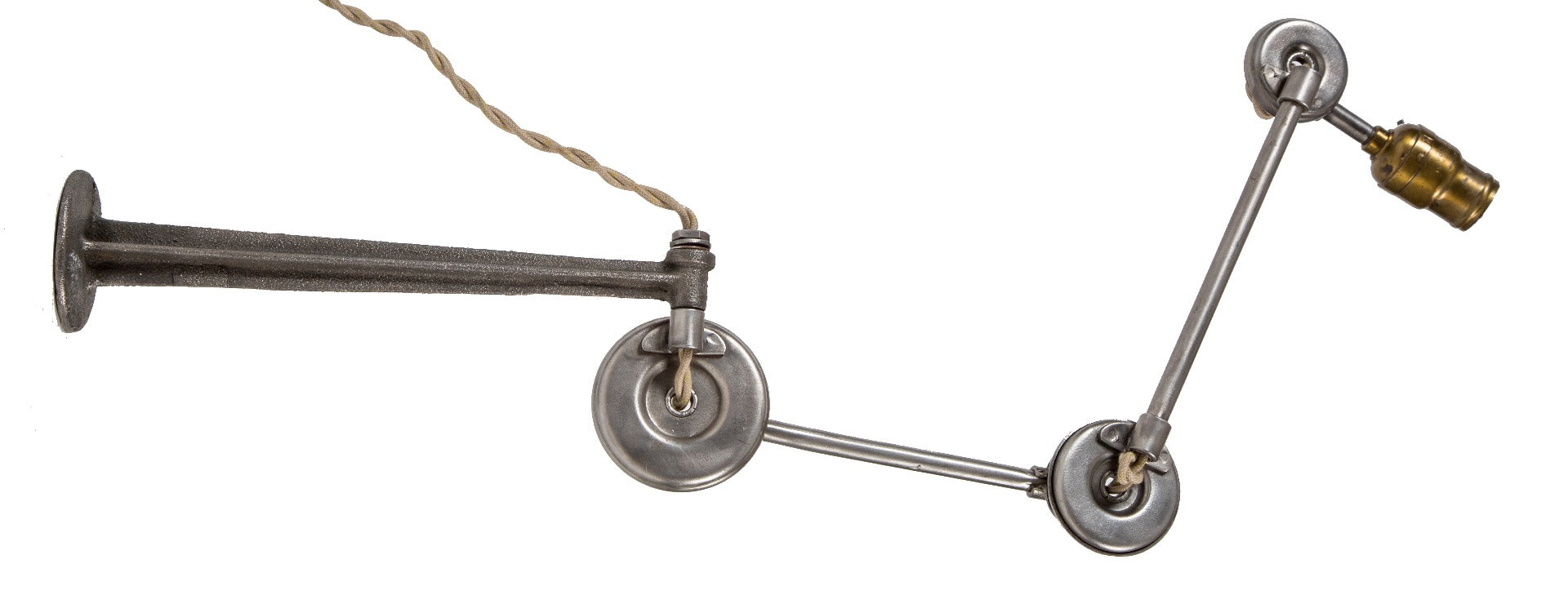 fully adjustable wall or table-mount refinished and rewired triple disc-joint factory machine shop lamp fixture with pivoting base