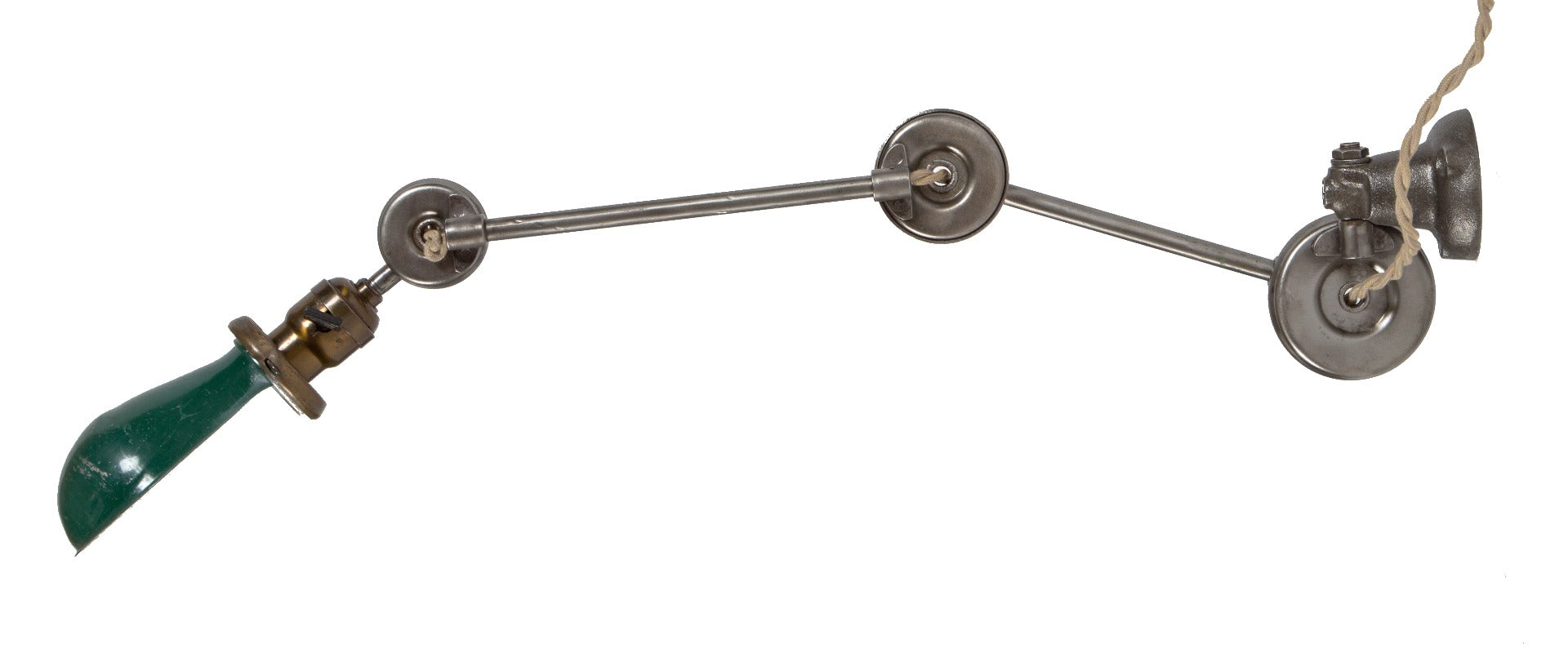 early 20th century vintage american industrial refinished adjustable arm "adjusco" factory machine shop wall lamp with hubbell shade