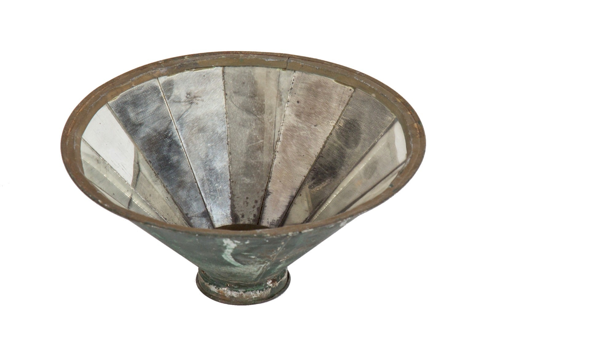 early 20th century original and intact mirrored-panel salvaged chicago metal conical reflector with rolled rim