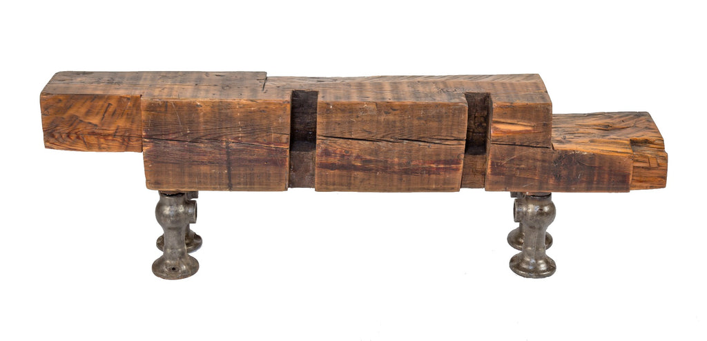 repurposed salvaged chicago cottage sill plate sitting bench supported by newly added brushed steel cast iron legs