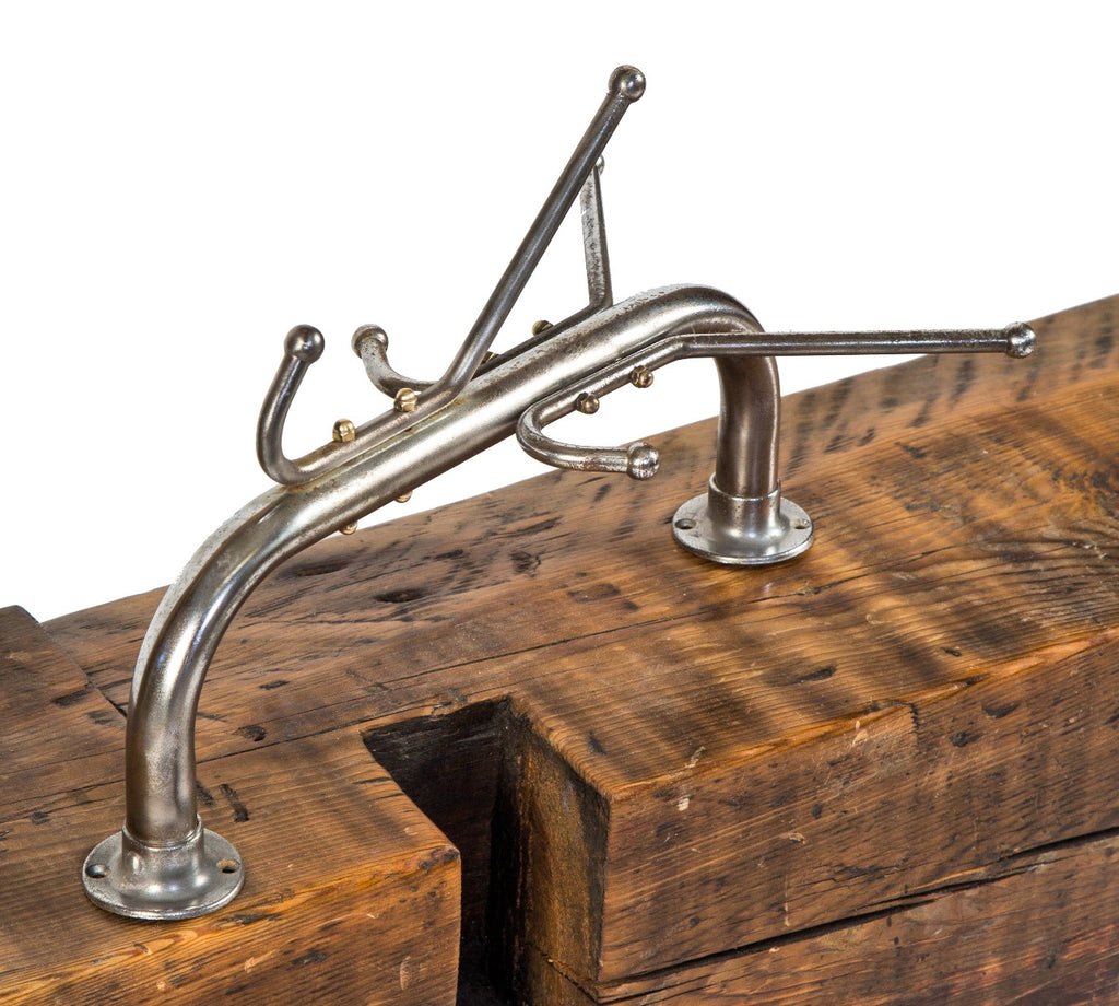 repurposed salvaged chicago cottage sill plate sitting bench supported by newly added brushed steel cast iron legs